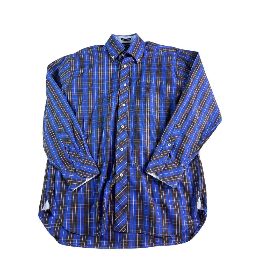 Tommy Hilfiger Mens Medium Blue Black Plaid Button Down Shirt 2 Ply Cotton Y2K